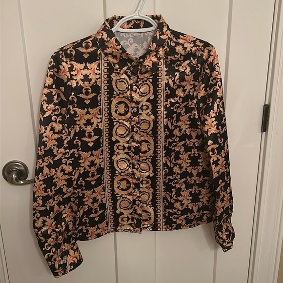 NWOT Black & Gold Baroque Pattern Blouse, size M - Picture 1 of 6